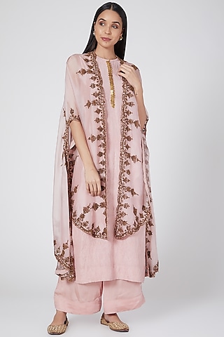 Blush Pink Embroidered Cape Set by Minaxi Dadoo