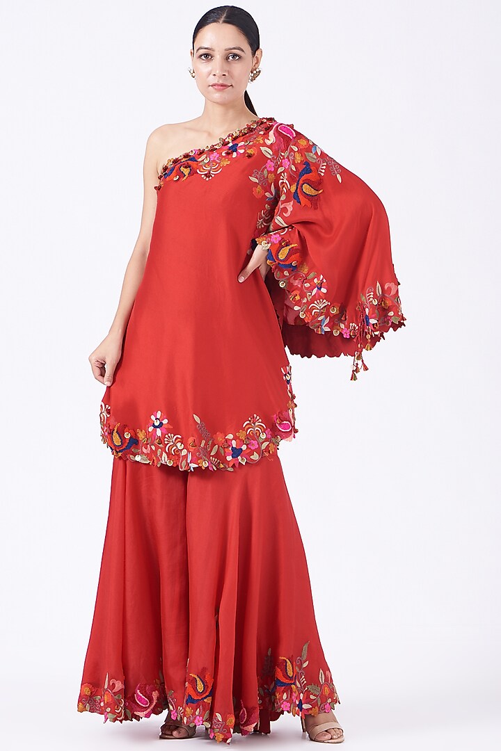 Poppy Red Embroidered Bridal Sharara Set by Minaxi Dadoo at Pernia's Pop Up Shop