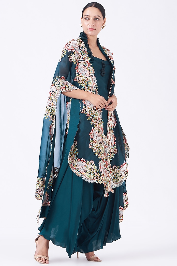 Dark Cerulean Blue Embroidered Cape Set Design by Minaxi Dadoo at ...