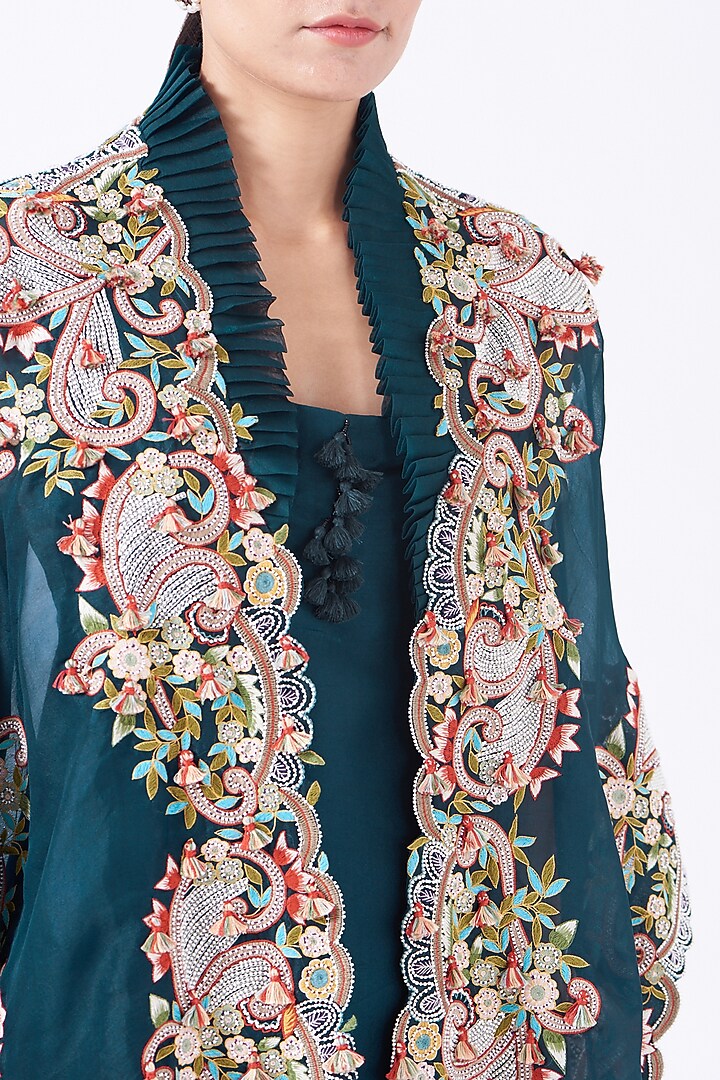 Dark Cerulean Blue Embroidered Cape Set by Minaxi Dadoo at Pernia's Pop Up Shop