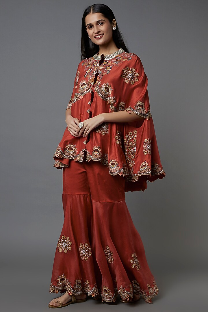 Rust Orange Embroidered Cape Set by Minaxi Dadoo at Pernia's Pop Up Shop