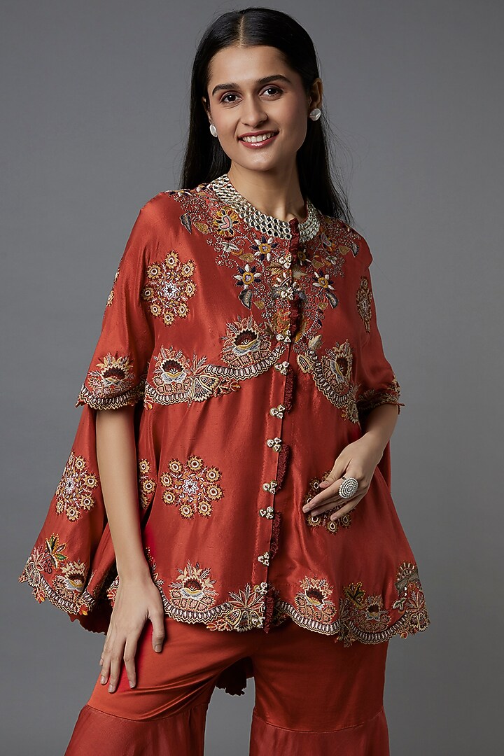 Rust Orange Embroidered Cape Set by Minaxi Dadoo at Pernia's Pop Up Shop