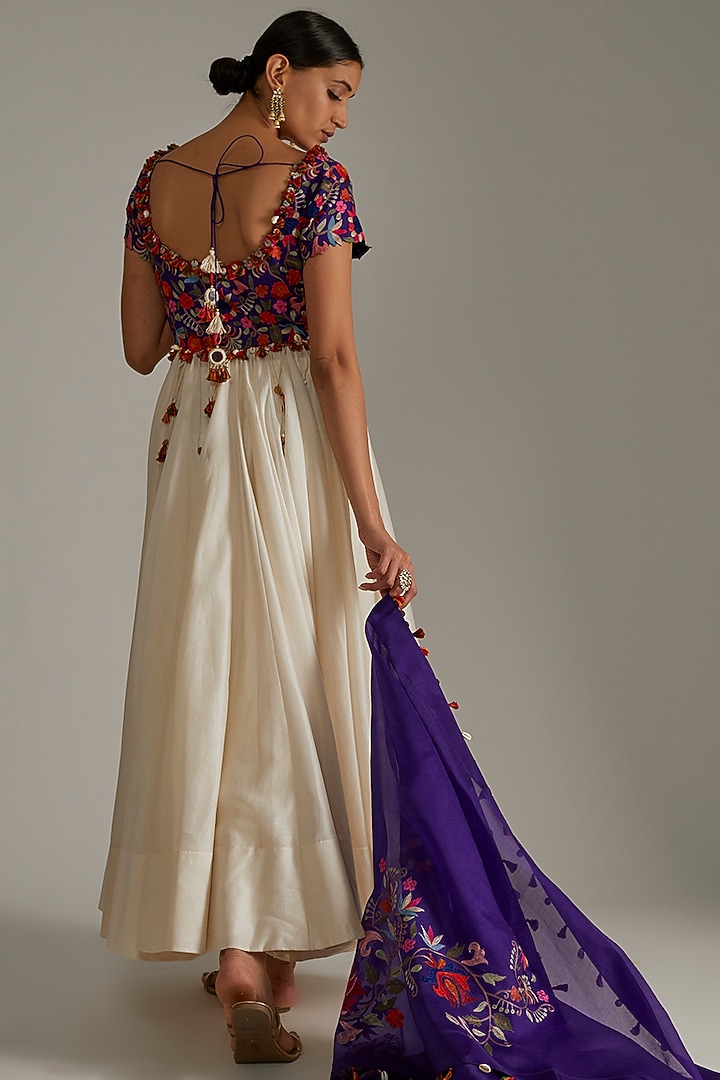 Off-White & Violet Embroidered Bridal Anarkali Set by Minaxi Dadoo at Pernia's Pop Up Shop