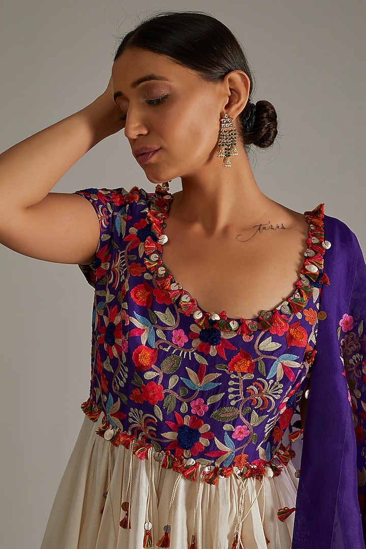 Off-White & Violet Embroidered Bridal Anarkali Set by Minaxi Dadoo at Pernia's Pop Up Shop