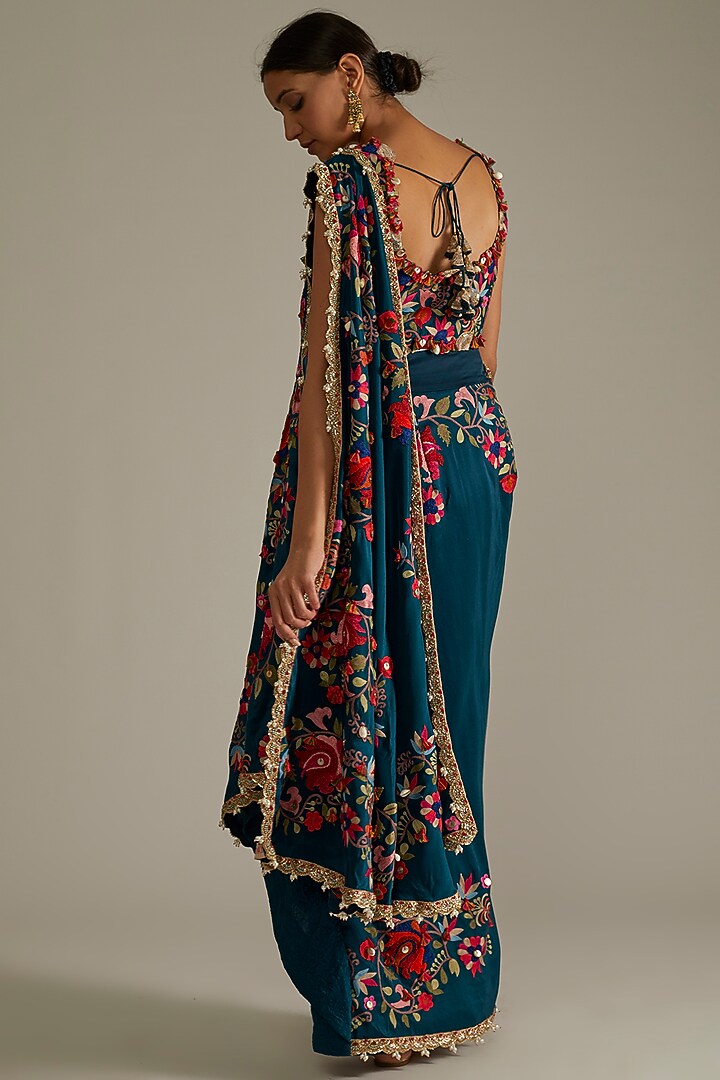 Peacock Blue Embroidered Draped Reception Saree Set by Minaxi Dadoo at Pernia's Pop Up Shop