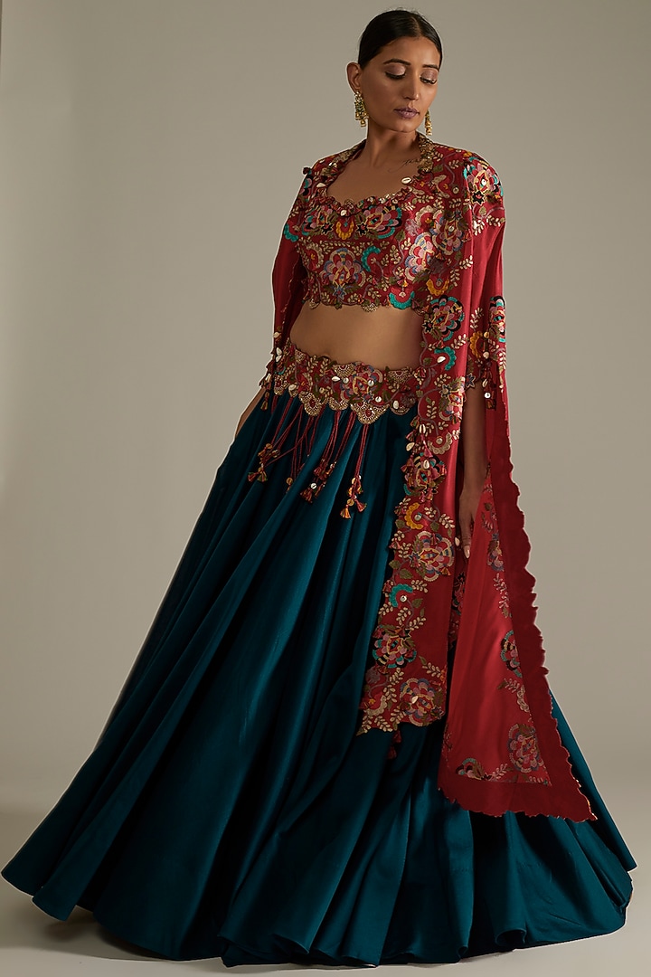 Red Embroidered Butterfly Cape Set by Minaxi Dadoo at Pernia's Pop Up Shop