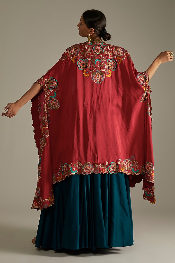 Red Embroidered Butterfly Cape Set by Minaxi Dadoo at Pernia's Pop Up Shop
