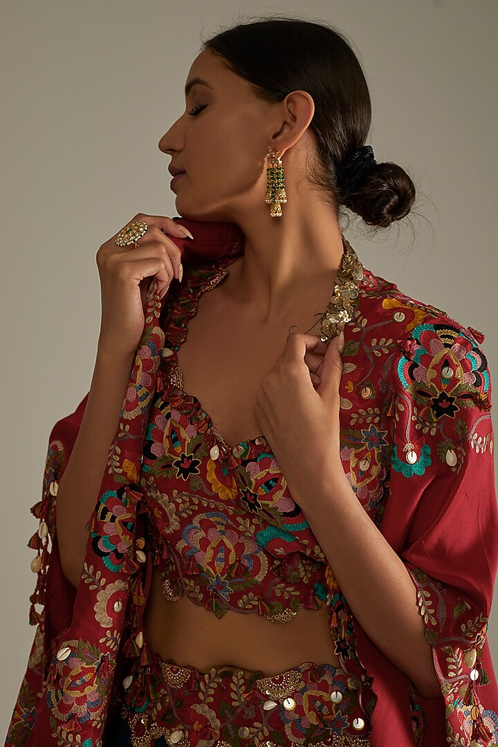 Red Embroidered Butterfly Cape Set by Minaxi Dadoo at Pernia's Pop Up Shop
