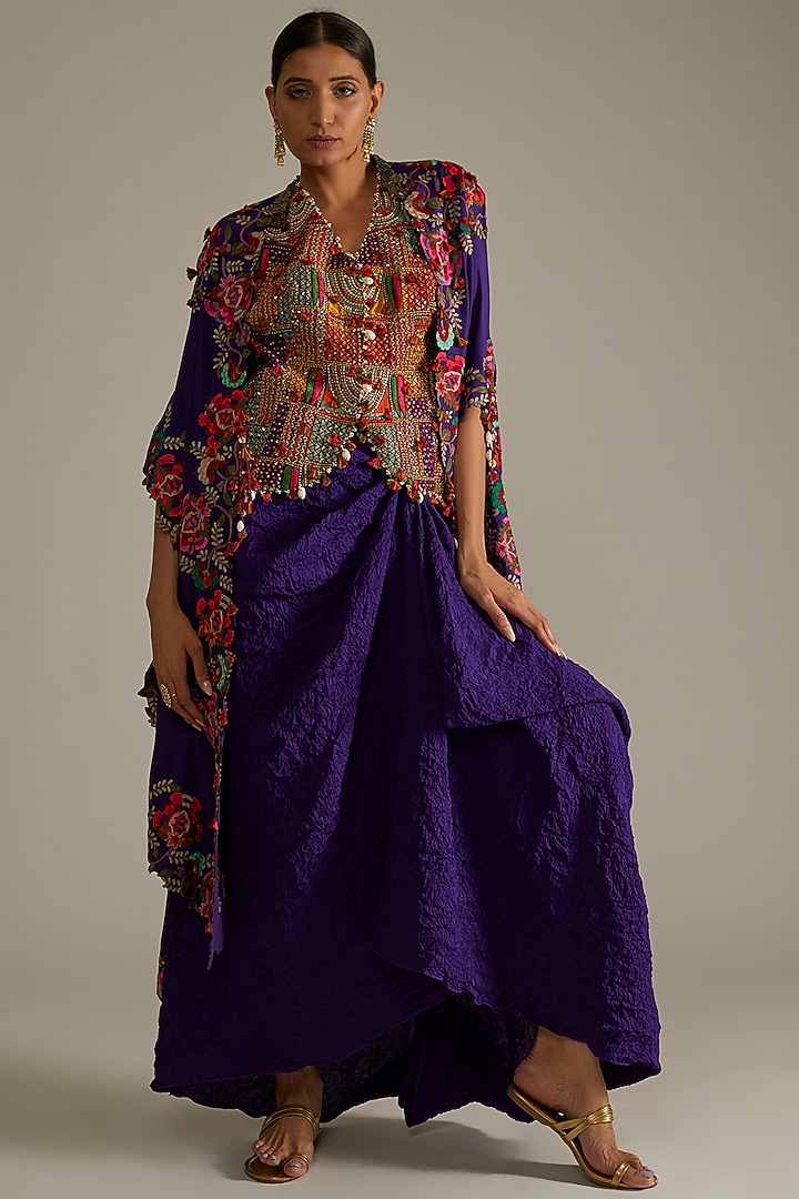 Violet Organza & Dupion Silk Embroidered Butterfly Cape Set by Minaxi Dadoo at Pernia's Pop Up Shop