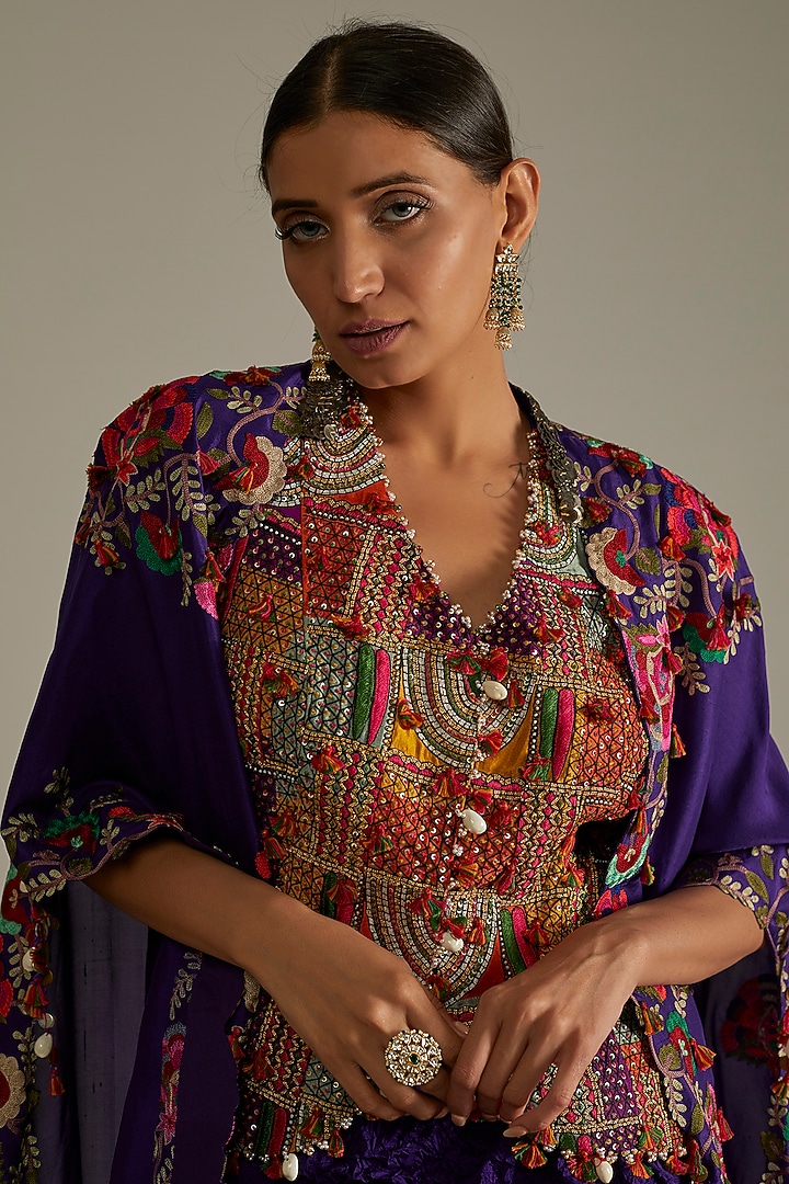 Violet Organza & Dupion Silk Embroidered Butterfly Cape Set by Minaxi Dadoo at Pernia's Pop Up Shop