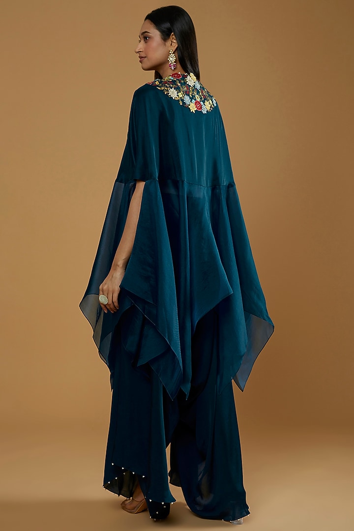 Peacock Blue Embellished Cape Set by Minaxi Dadoo at Pernia's Pop Up Shop