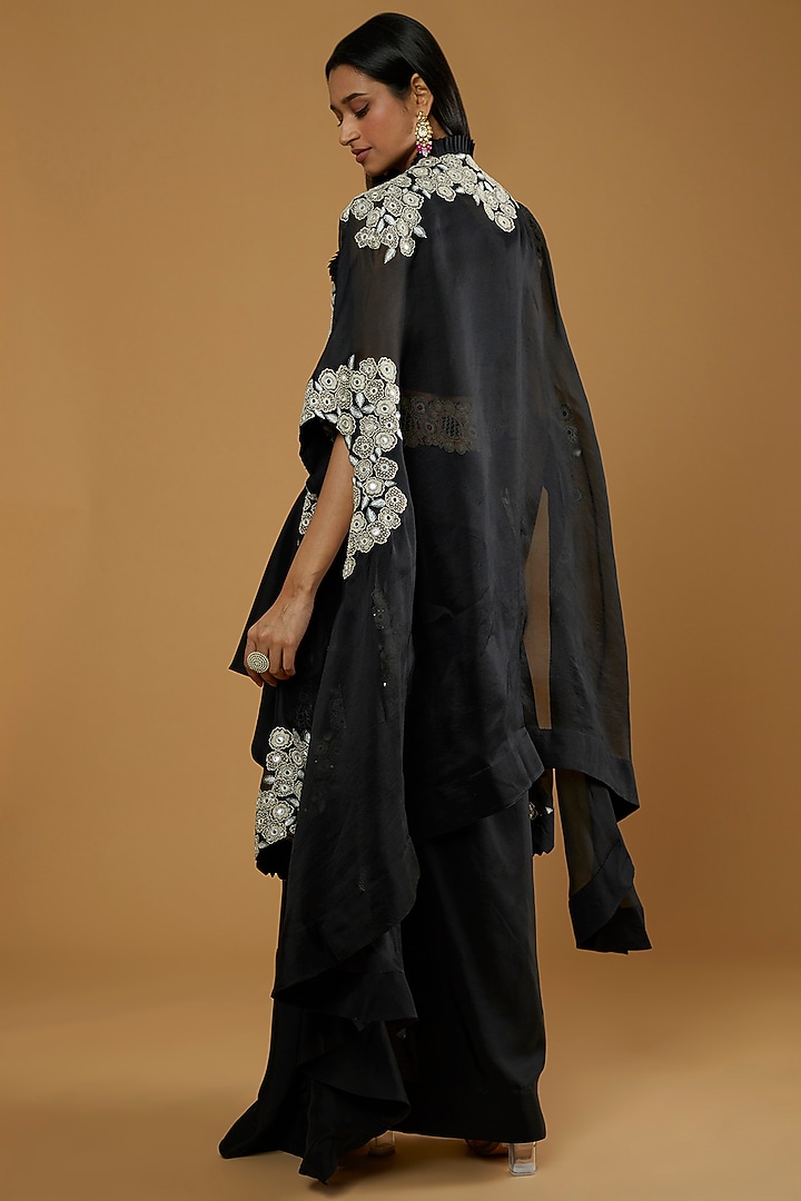 Black Dupion Mirror Embroidered Ruffled Skirt Set by Minaxi Dadoo at Pernia's Pop Up Shop