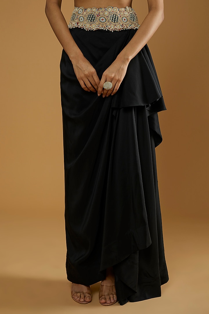 Black Dupion Mirror Embroidered Ruffled Skirt Set by Minaxi Dadoo at Pernia's Pop Up Shop