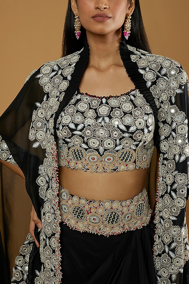 Black Dupion Mirror Embroidered Ruffled Skirt Set by Minaxi Dadoo at Pernia's Pop Up Shop