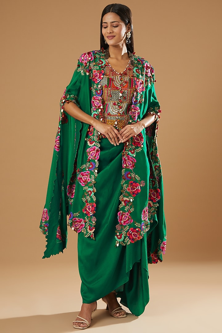 Green Dupion Threadwork Butterfly Cape Set by Minaxi Dadoo at Pernia's Pop Up Shop