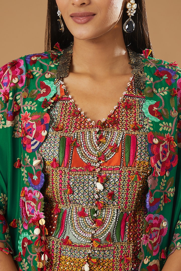 Green Dupion Threadwork Butterfly Cape Set by Minaxi Dadoo at Pernia's Pop Up Shop