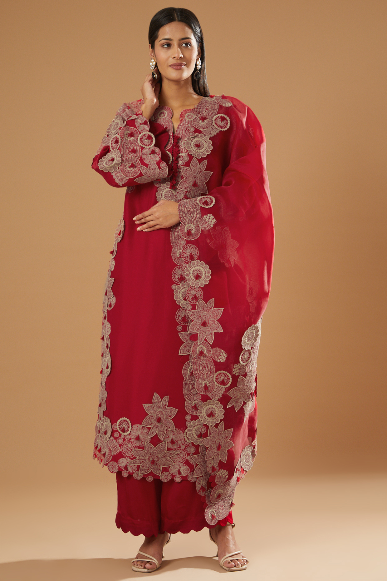 Red Dupion Embellished Kurta Set by Minaxi Dadoo at Pernia's Pop Up Shop