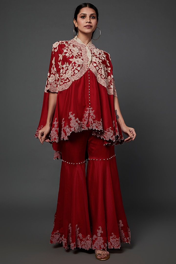 Red Embroidered Gharara Set by Minaxi Dadoo at Pernia's Pop Up Shop