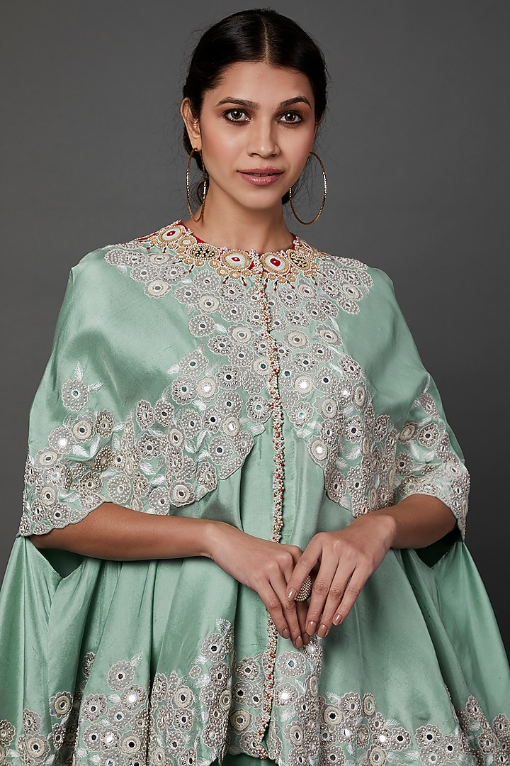 Powder Blue Embroidered Cape Set by Minaxi Dadoo at Pernia's Pop Up Shop