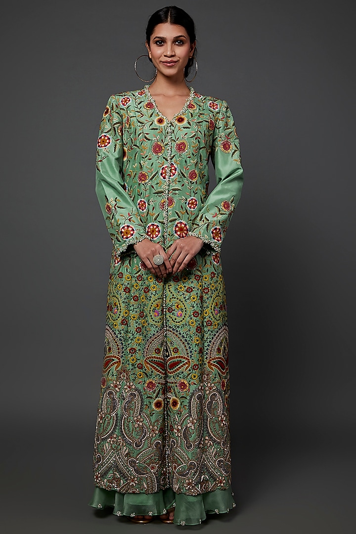 Green Embroidered Long Jacket Set by Minaxi Dadoo