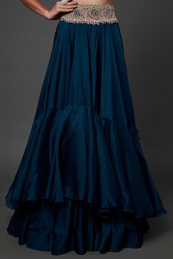 Peacock Blue Embroidered Jacket Bridal Lehenga Set by Minaxi Dadoo at Pernia's Pop Up Shop