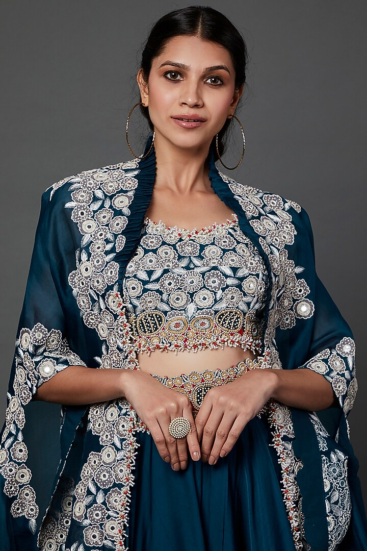 Peacock Blue Embroidered Jacket Bridal Lehenga Set by Minaxi Dadoo at Pernia's Pop Up Shop