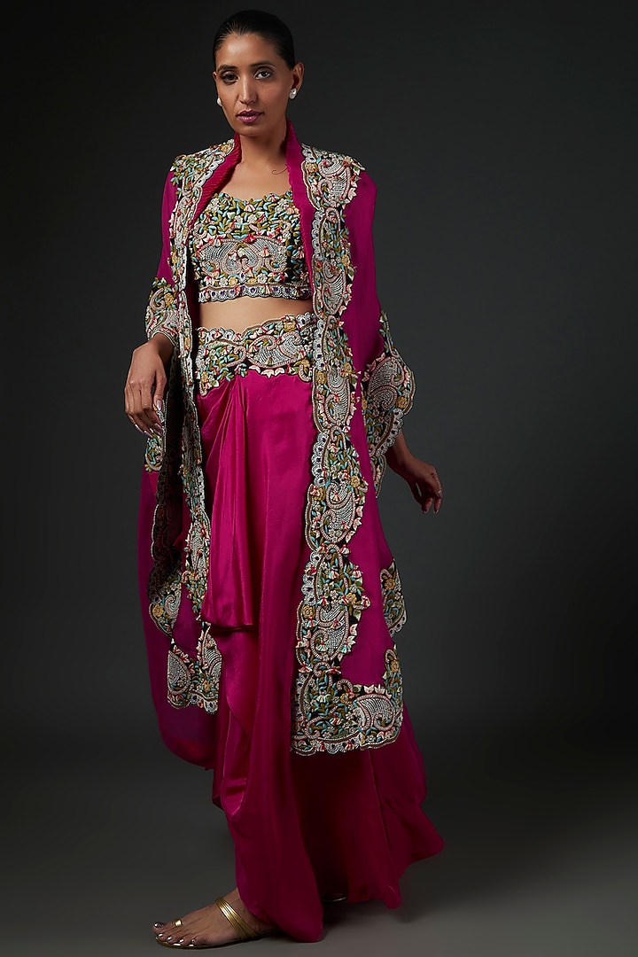 Pink Organza Embroidered Cape Set by Minaxi Dadoo at Pernia's Pop Up Shop
