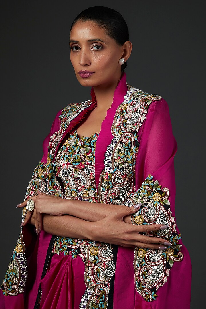 Pink Organza Embroidered Cape Set by Minaxi Dadoo at Pernia's Pop Up Shop