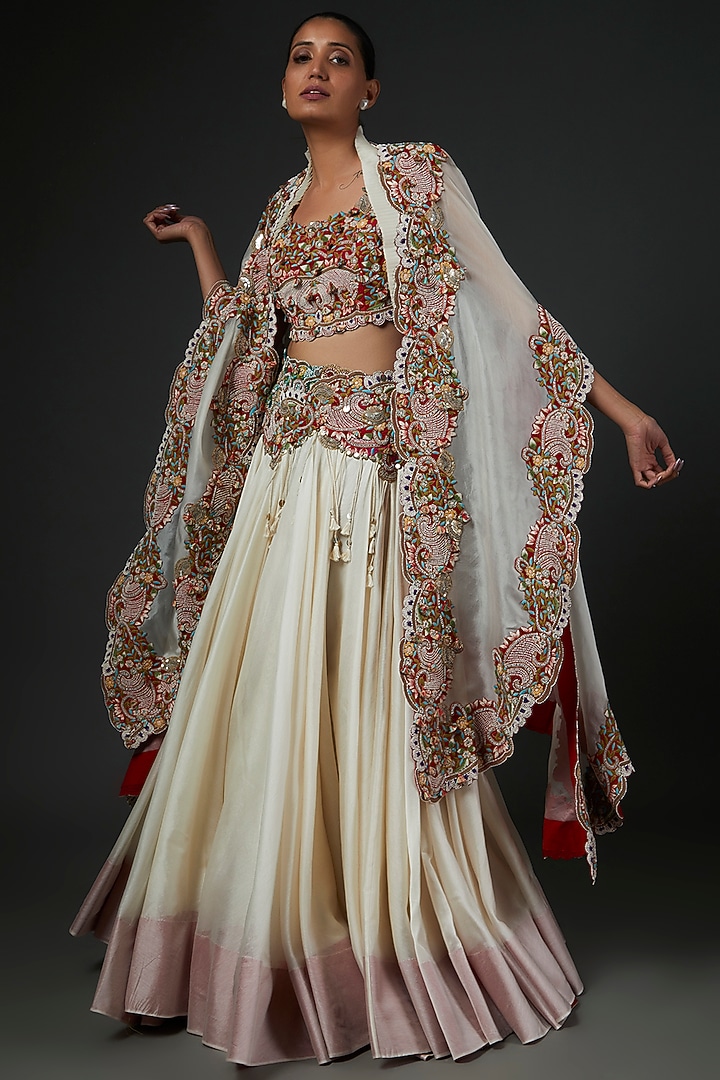 Ivory Chanderi Embroidered Bridal Lehenga Set by Minaxi Dadoo at Pernia's Pop Up Shop