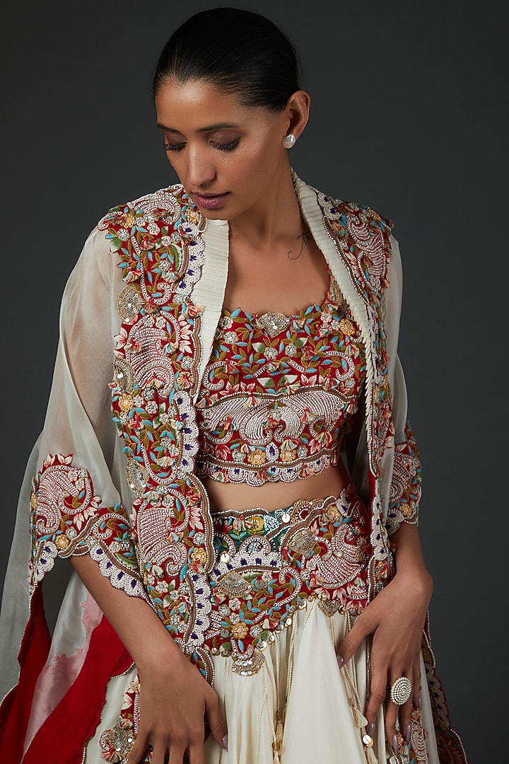 Ivory Chanderi Embroidered Bridal Lehenga Set by Minaxi Dadoo at Pernia's Pop Up Shop