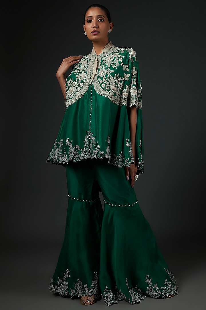 Green Dupion Embroidered Gharara Set by Minaxi Dadoo at Pernia's Pop Up Shop