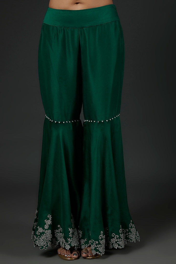 Green Dupion Embroidered Gharara Set by Minaxi Dadoo at Pernia's Pop Up Shop