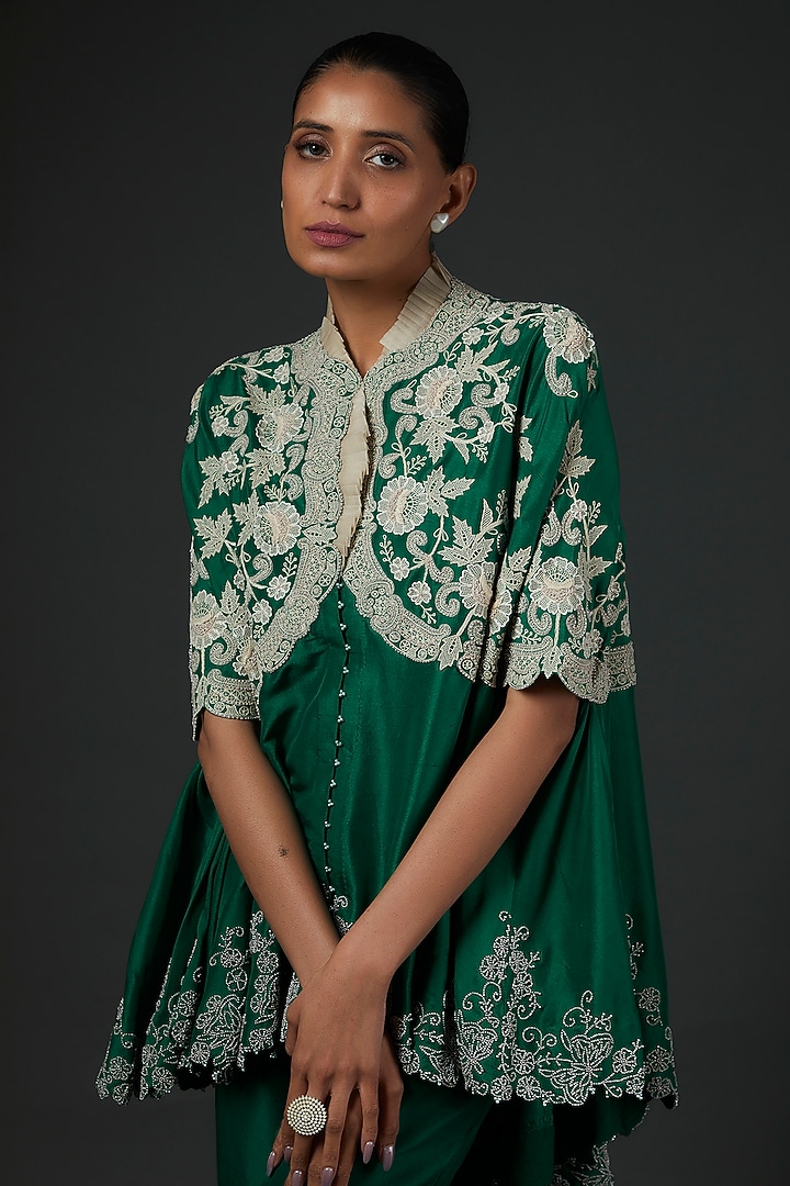 Green Dupion Embroidered Gharara Set by Minaxi Dadoo at Pernia's Pop Up Shop