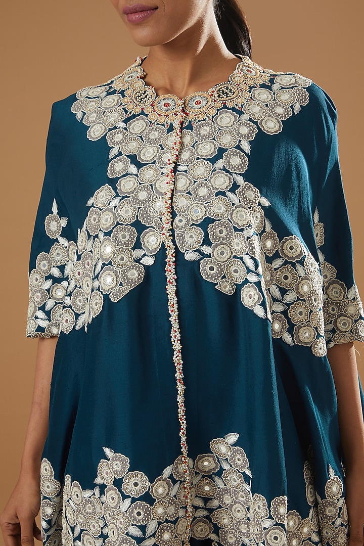 Peacock Blue Dupion Cape Set by Minaxi Dadoo at Pernia's Pop Up Shop
