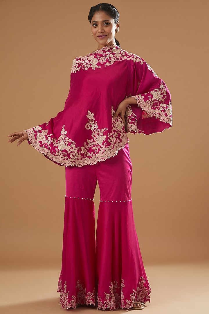 Rani Pink Organza Embroidered Gharara Set by Minaxi Dadoo at Pernia's Pop Up Shop