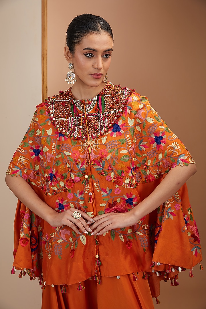 Rust Orange China Dupion Thread Embroidered Cape Set by Minaxi Dadoo at Pernia's Pop Up Shop