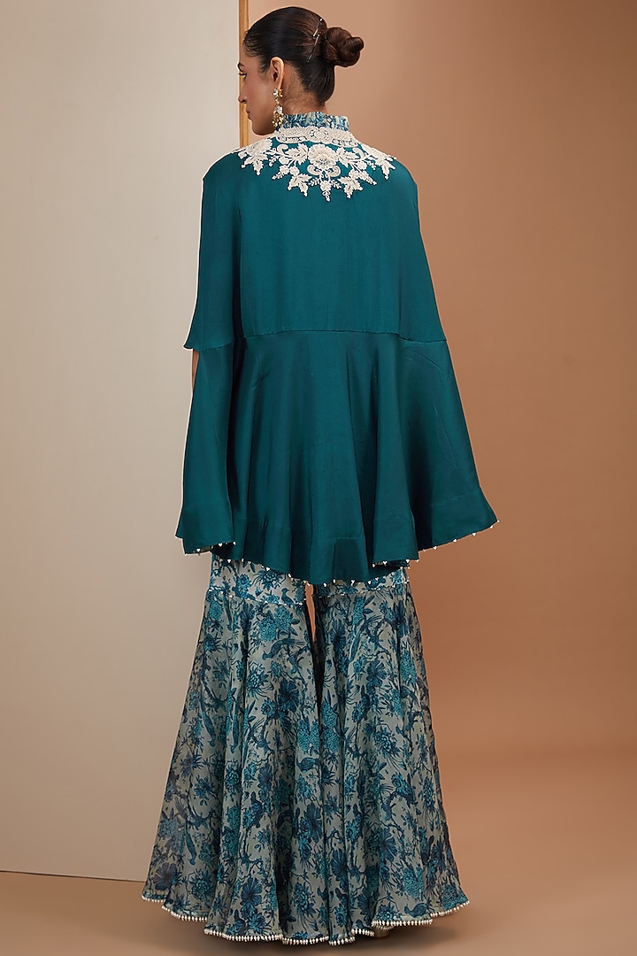 Peacock Blue Organza Printed Gharara Set by Minaxi Dadoo at Pernia's Pop Up Shop