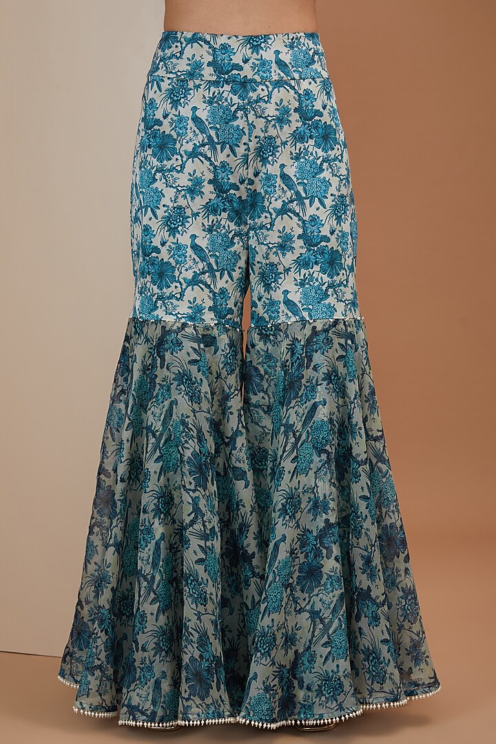 Peacock Blue Organza Printed Gharara Set by Minaxi Dadoo at Pernia's Pop Up Shop