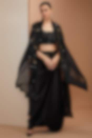 Black Organza Thread Embroidered Butterfly Cape Set by Minaxi Dadoo at Pernia's Pop Up Shop