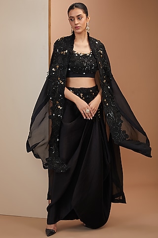 Black Organza Thread Embroidered Butterfly Cape Set by Minaxi Dadoo