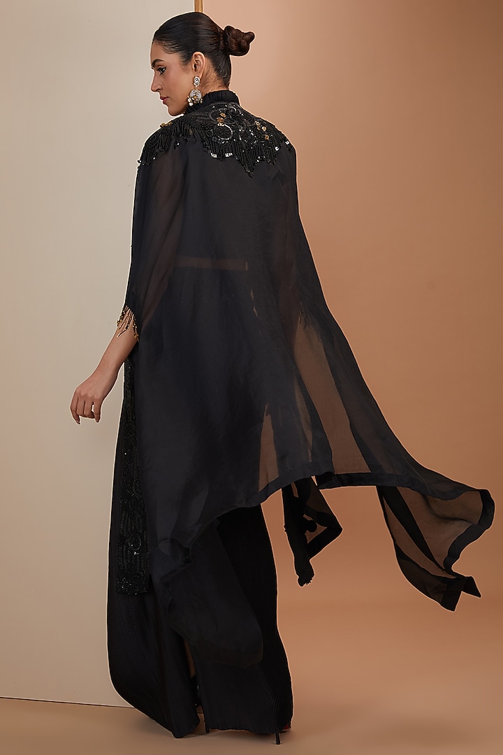 Black Organza Thread Embroidered Butterfly Cape Set by Minaxi Dadoo at Pernia's Pop Up Shop