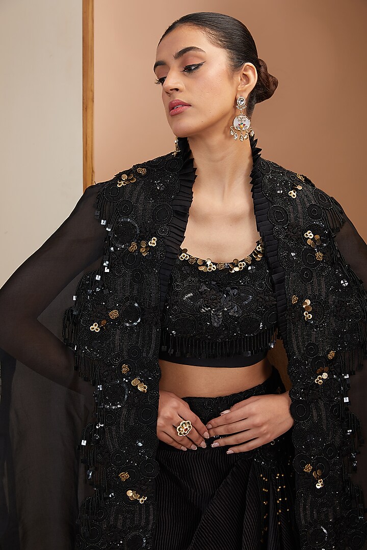 Black Organza Thread Embroidered Butterfly Cape Set by Minaxi Dadoo at Pernia's Pop Up Shop
