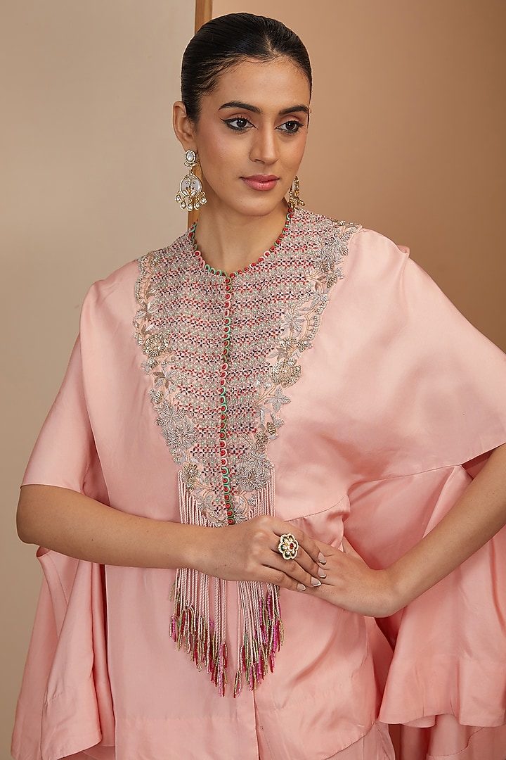 Pink Dupion Silk Thread Embroidered Cape Set by Minaxi Dadoo at Pernia's Pop Up Shop