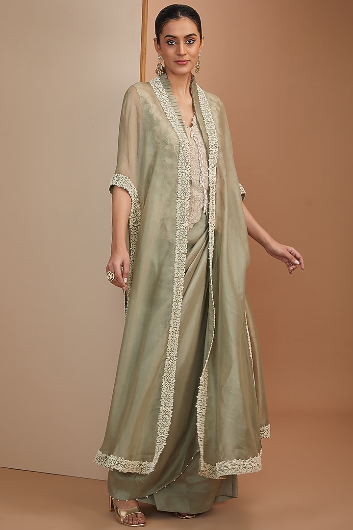 Olive Green Organza Pearl Embroidered Butterfly Cape Set by Minaxi Dadoo at Pernia's Pop Up Shop