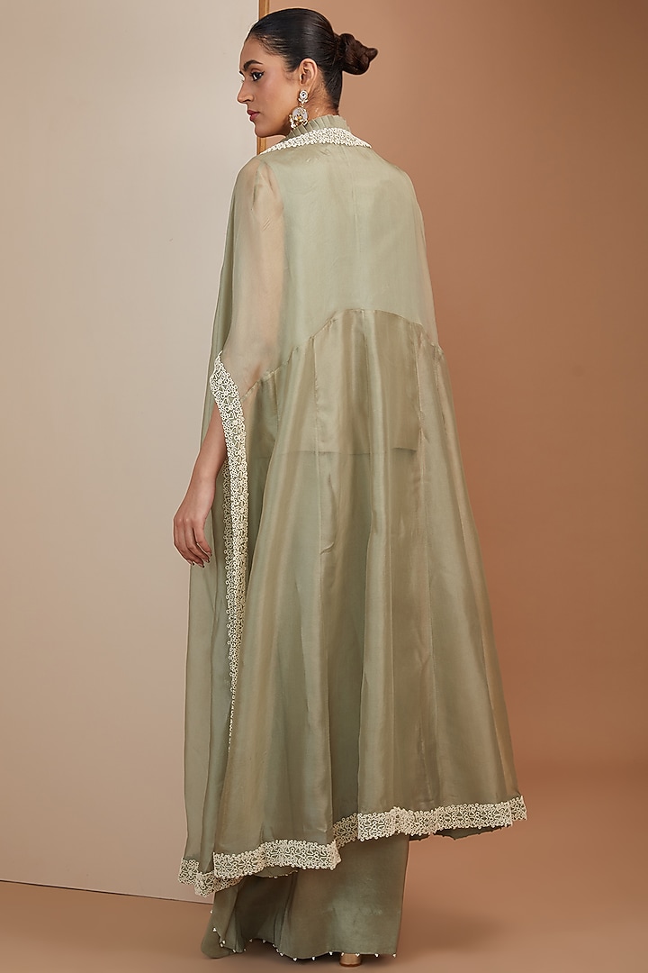 Olive Green Organza Pearl Embroidered Butterfly Cape Set by Minaxi Dadoo at Pernia's Pop Up Shop