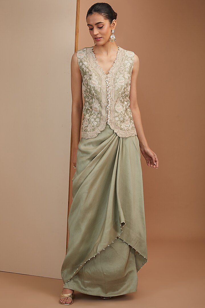 Olive Green Organza Pearl Embroidered Butterfly Cape Set by Minaxi Dadoo at Pernia's Pop Up Shop