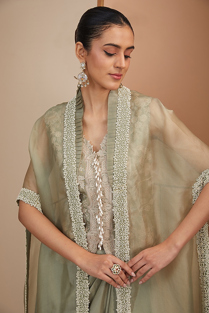 Olive Green Organza Pearl Embroidered Butterfly Cape Set by Minaxi Dadoo at Pernia's Pop Up Shop