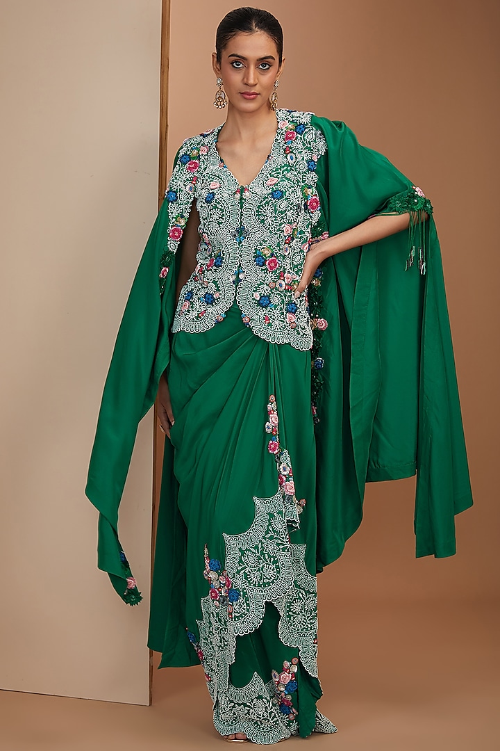 Green Habutai Silk Pearl Embroidered Butterfly Cape Set by Minaxi Dadoo at Pernia's Pop Up Shop