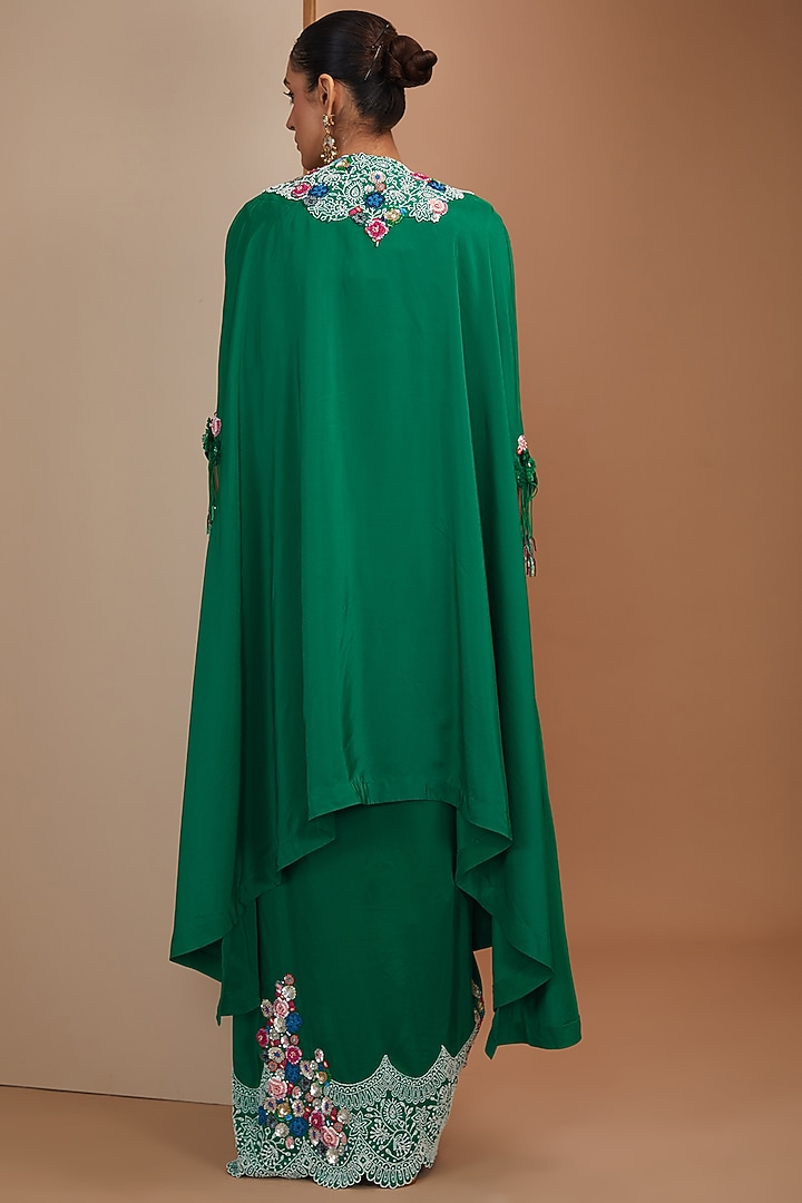 Green Habutai Silk Pearl Embroidered Butterfly Cape Set by Minaxi Dadoo at Pernia's Pop Up Shop