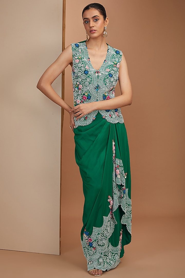 Green Habutai Silk Pearl Embroidered Butterfly Cape Set by Minaxi Dadoo at Pernia's Pop Up Shop